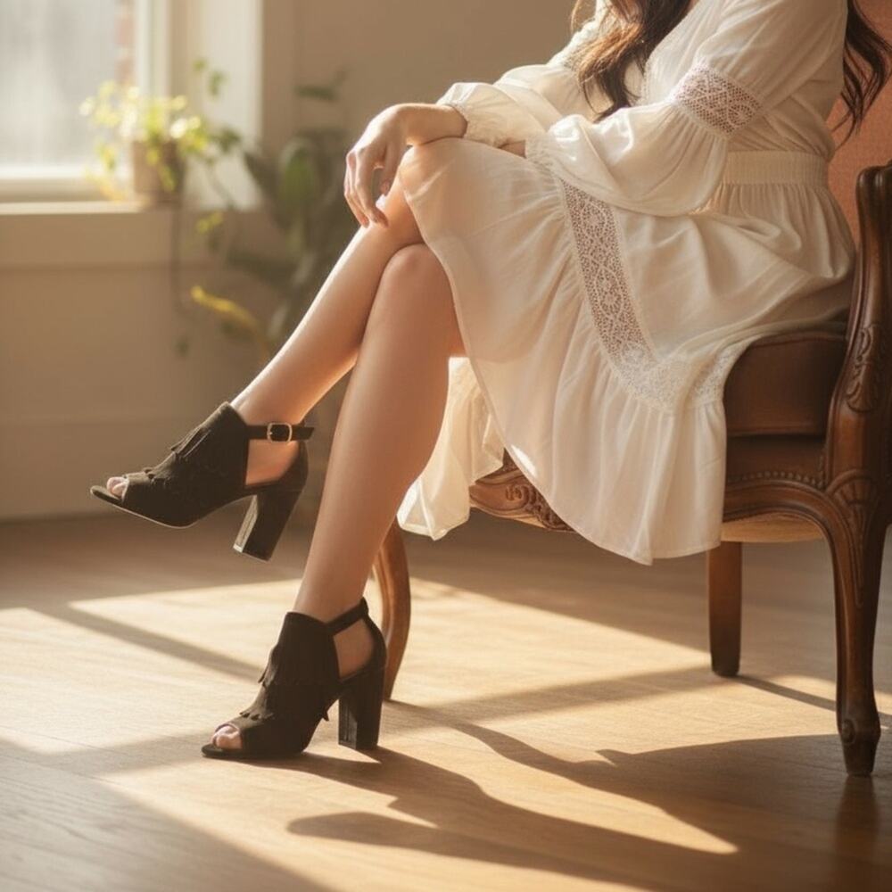 M.Gemi Black Suede Fringe Block-Heel Heels